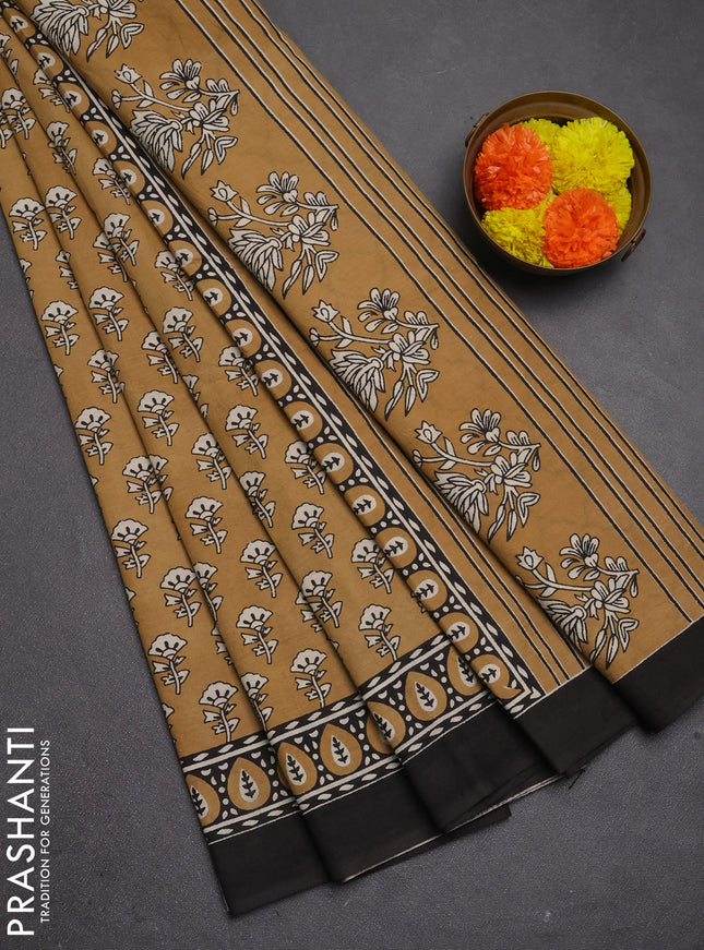 Jaipur cotton saree sandal and black with allover floral butta prints and printed border