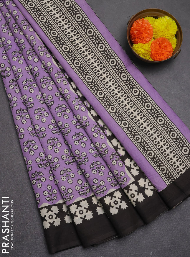 Jaipur cotton saree lavender and black with allover floral butta prints and printed border
