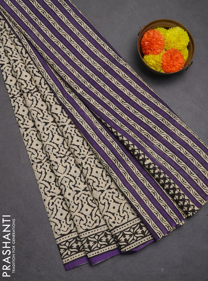 Jaipur cotton saree beige and black purple with allover prints and printed border