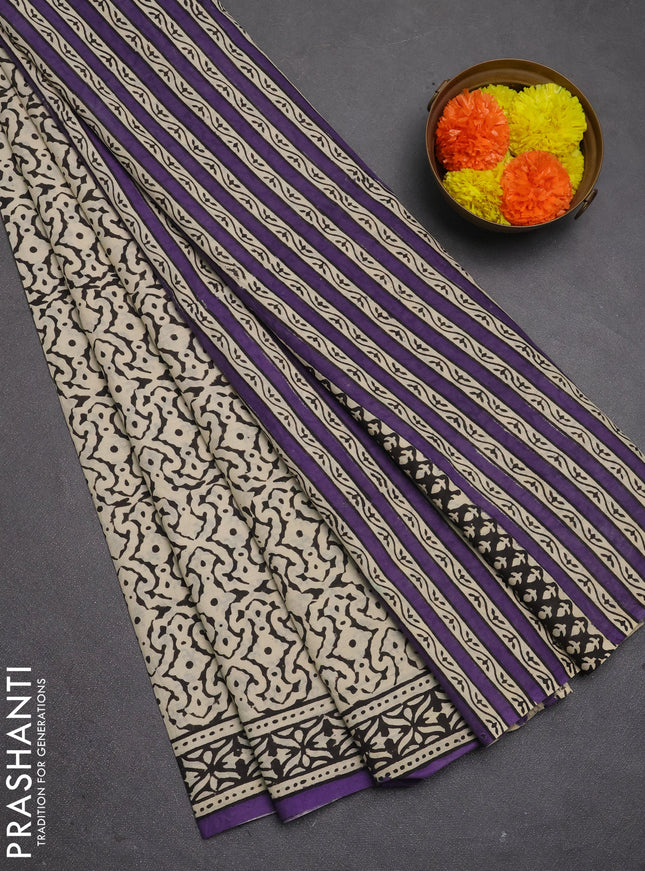 Jaipur cotton saree beige and black purple with allover prints and printed border