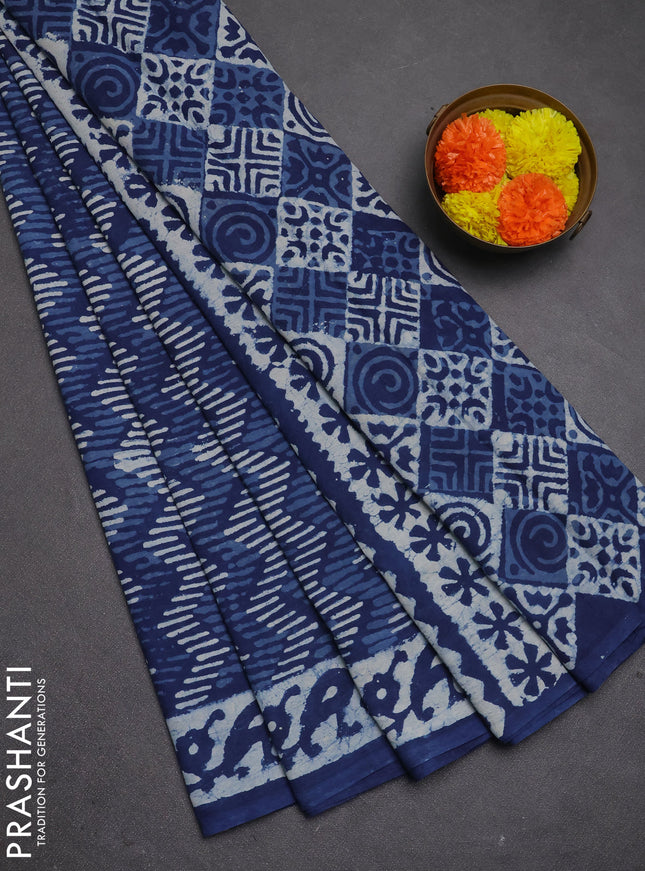 Jaipur cotton saree indigo blue with allover zigzag prints and printed border