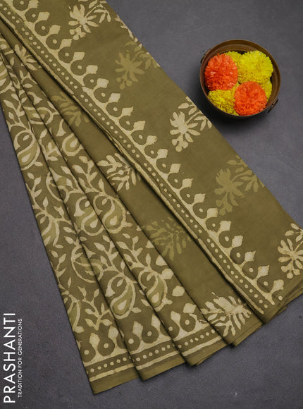 Jaipur cotton saree elaichi green with allover prints and printed border