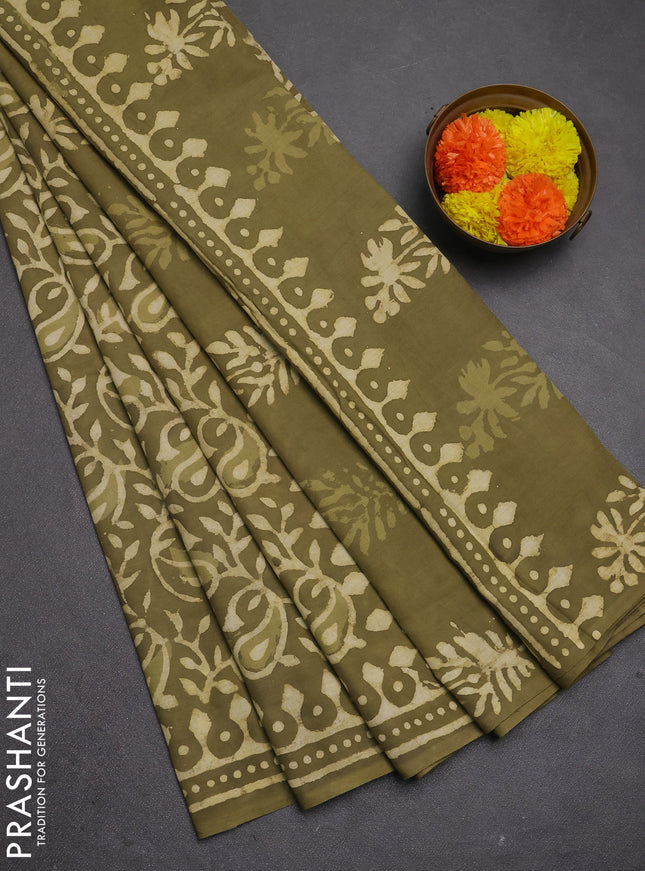 Jaipur cotton saree elaichi green with allover prints and printed border