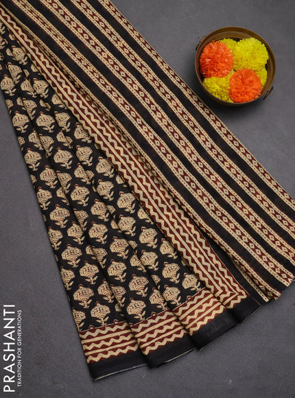 Jaipur cotton saree black and brown with allover butta prints and printed border
