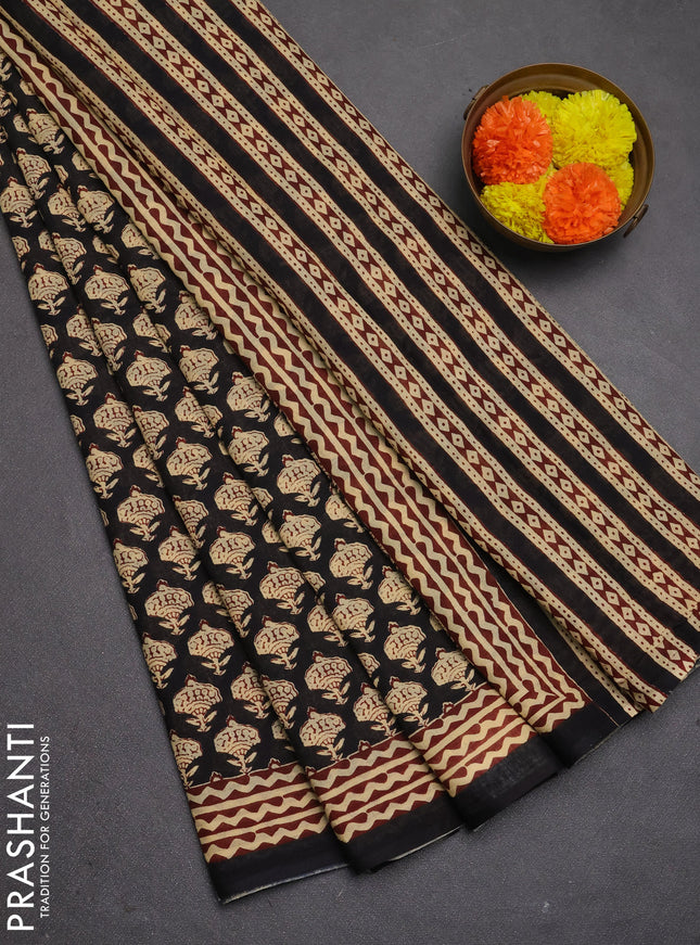 Jaipur cotton saree black and brown with allover butta prints and printed border