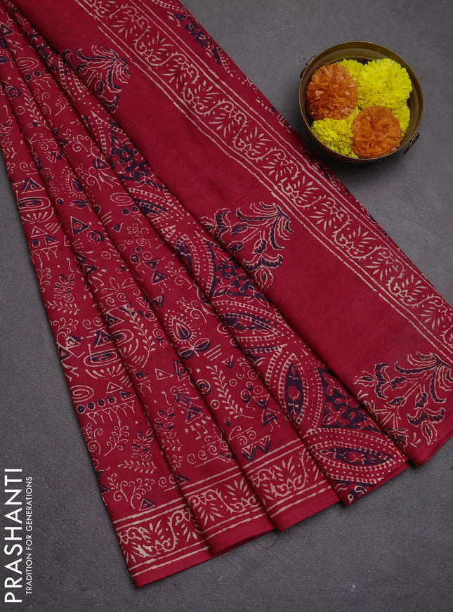Jaipur cotton saree red with allover warli prints and printed border