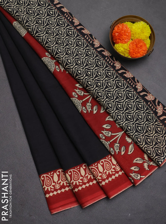 Jaipur cotton saree black and maroon with plain body and printed border