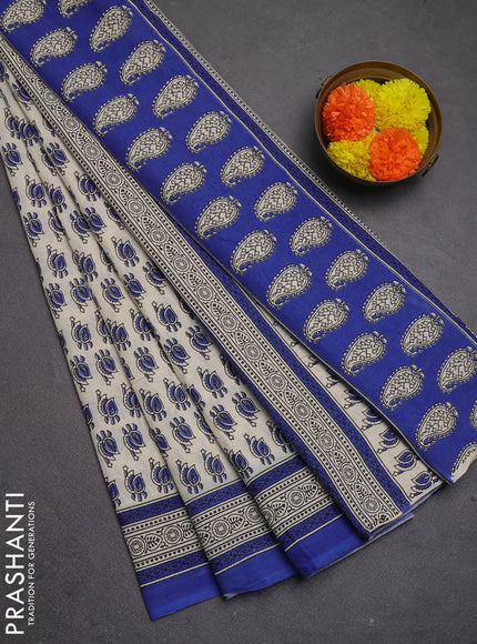 Jaipur cotton saree beige and blue with allover prints and printed border