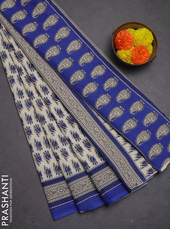 Jaipur cotton saree beige and blue with allover prints and printed border
