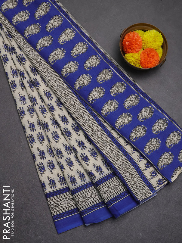 Jaipur cotton saree beige and blue with allover prints and printed border