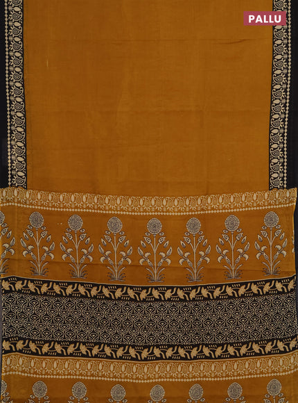 Jaipur cotton saree dark mustard and black with plain body and printed border