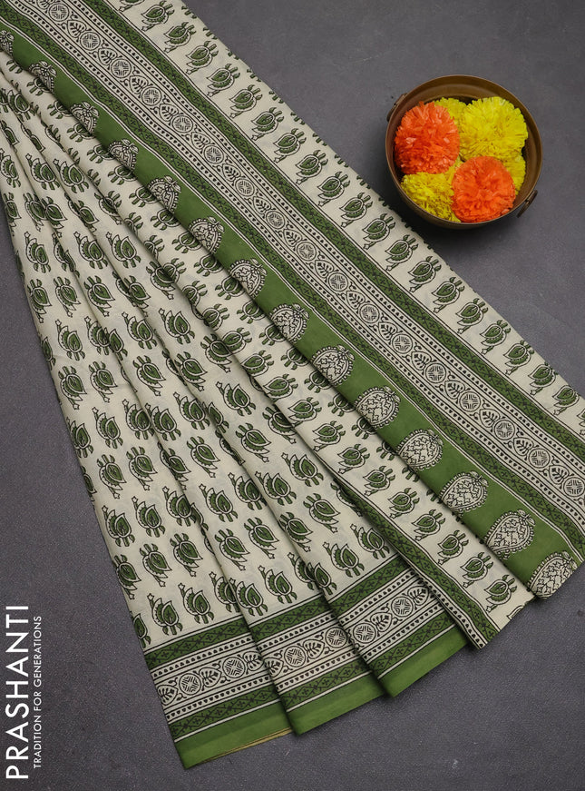 Jaipur cotton saree beige and sap green with allover butta prints and printed border