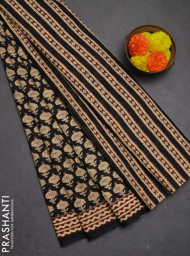Jaipur cotton saree beige and black with allover butta prints and printed border