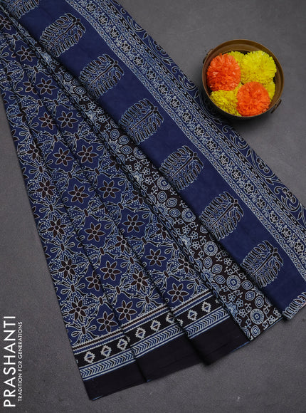 Jaipur cotton saree indigo blue and navy blue with allover ajrakh prints and printed border