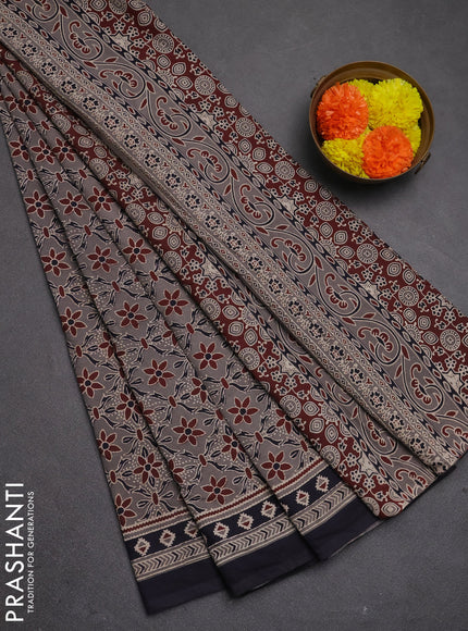 Jaipur cotton saree grey and navy blue with allover ajrakh prints and printed border