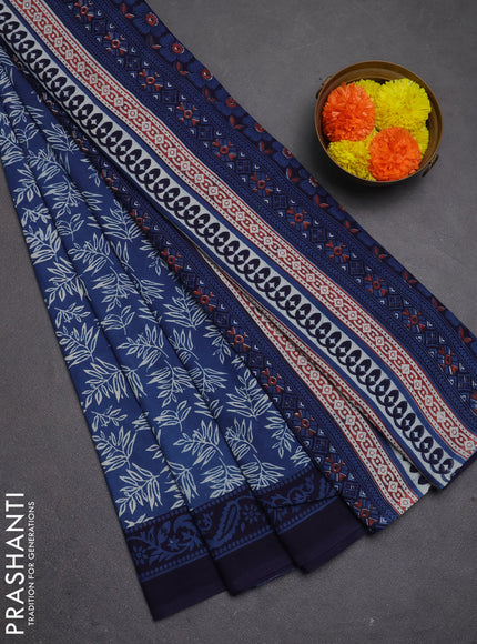 Jaipur cotton saree indigo blue and navy blue with allover prints and printed border