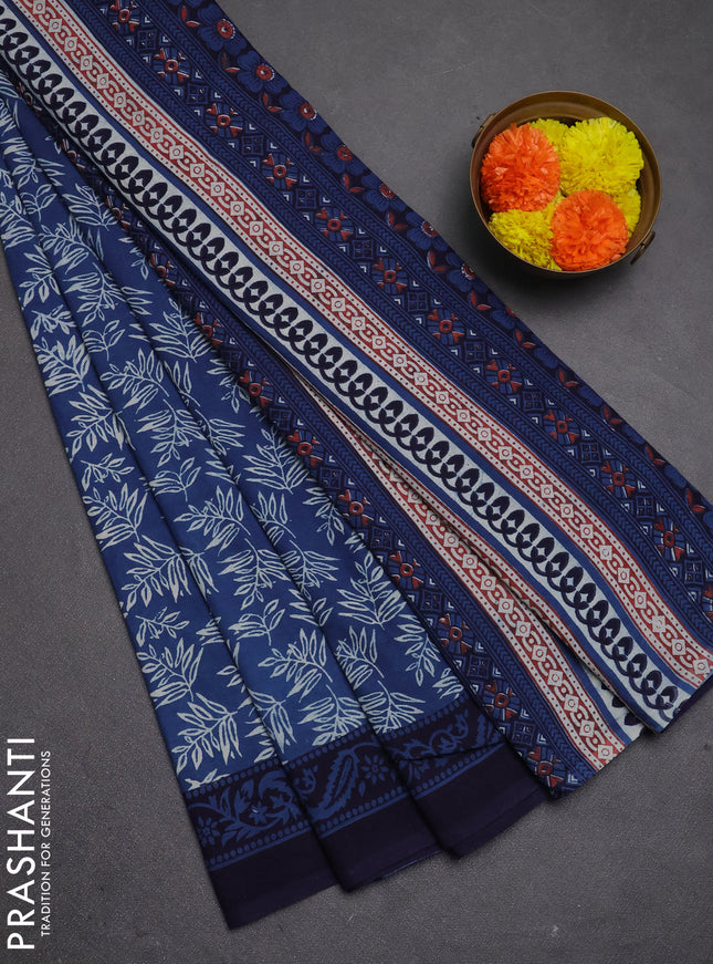 Jaipur cotton saree indigo blue and navy blue with allover prints and printed border