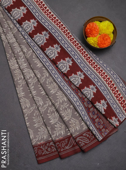 Jaipur cotton saree grey and maroon with allover prints and printed border