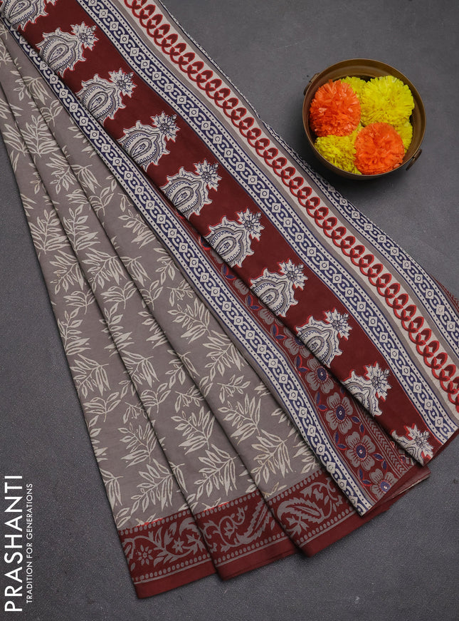 Jaipur cotton saree grey and maroon with allover prints and printed border