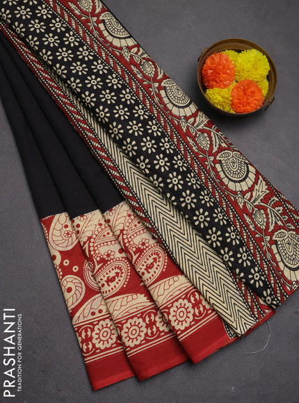 Jaipur cotton saree black and red with plain body and printed border