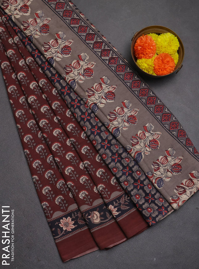 Jaipur cotton saree maroon with allover floral butta prints and printed border