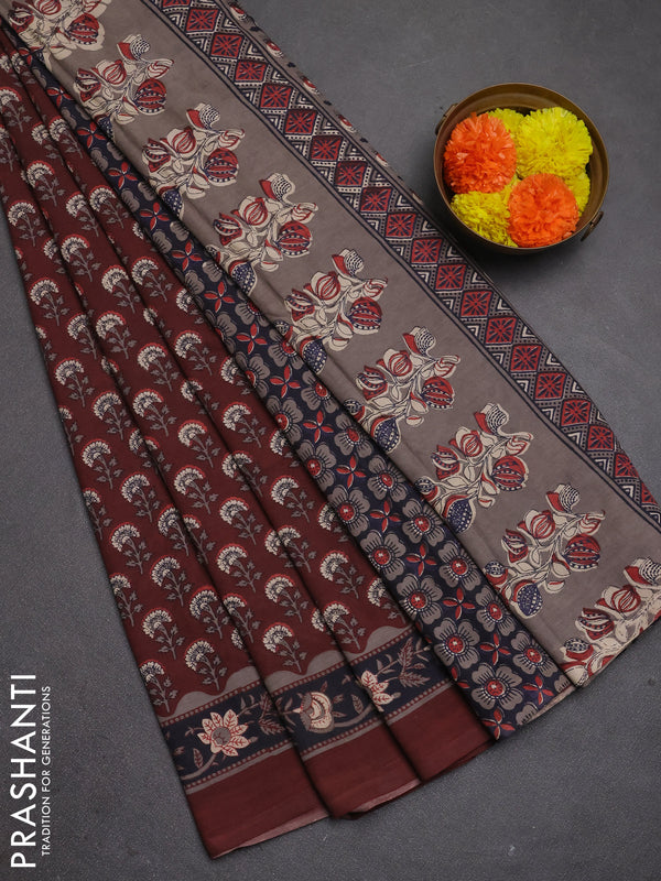 Jaipur cotton saree maroon with allover floral butta prints and printed border