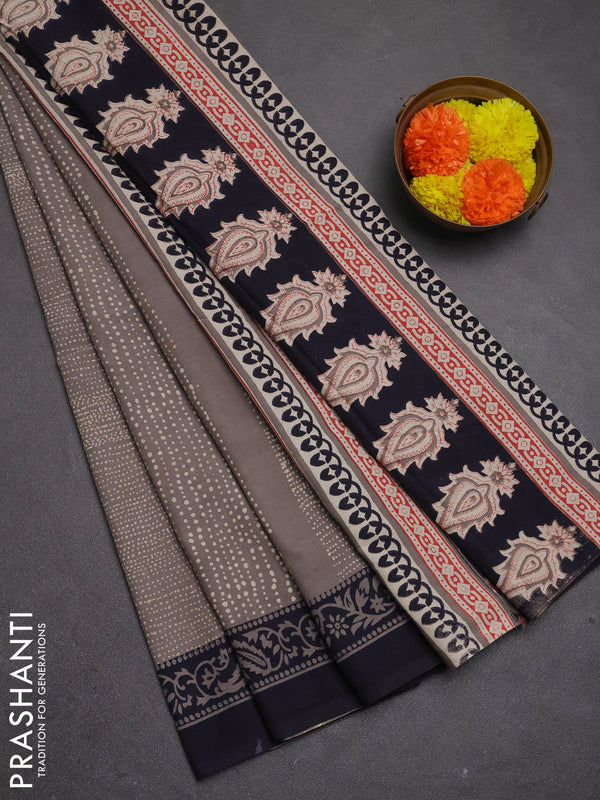 Jaipur cotton saree grey and dark navy blue with allover prints and printed border