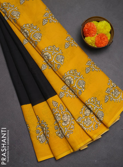 Jaipur cotton saree black and mustard yellow with plain body and butta printed border