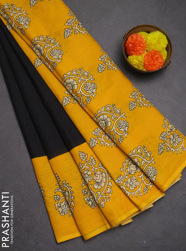 Jaipur cotton saree black and mustard yellow with plain body and butta printed border