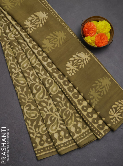 Jaipur cotton saree elaichi green with allover prints and printed border