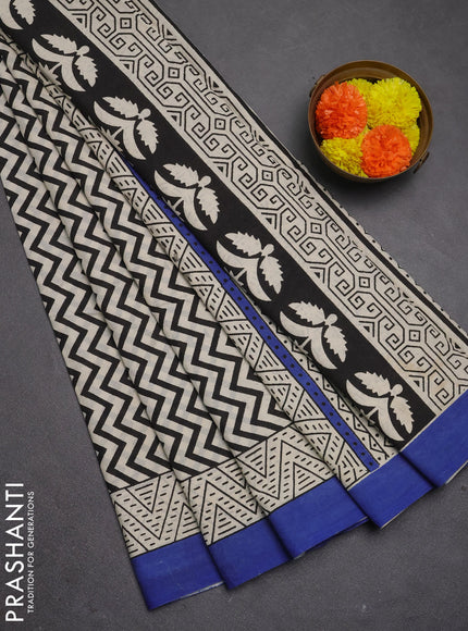 Jaipur cotton saree beige and indigo blue with allover zigzag prints and printed border