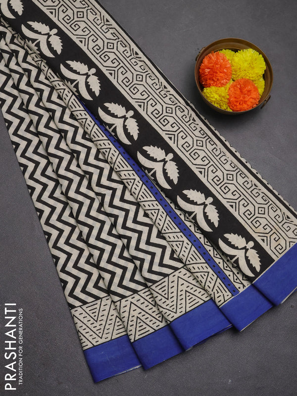 Jaipur cotton saree beige and indigo blue with allover zigzag prints and printed border