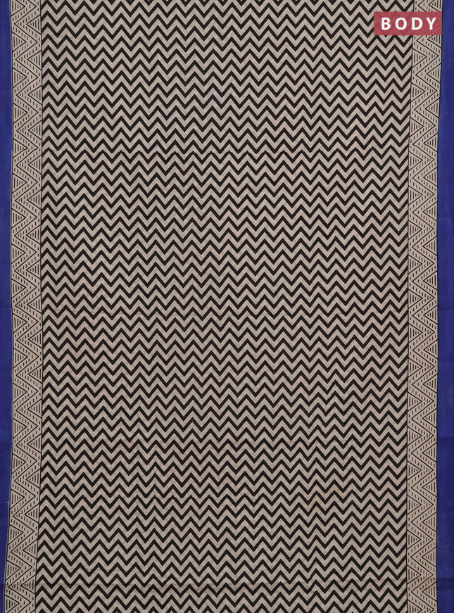 Jaipur cotton saree beige and indigo blue with allover zigzag prints and printed border