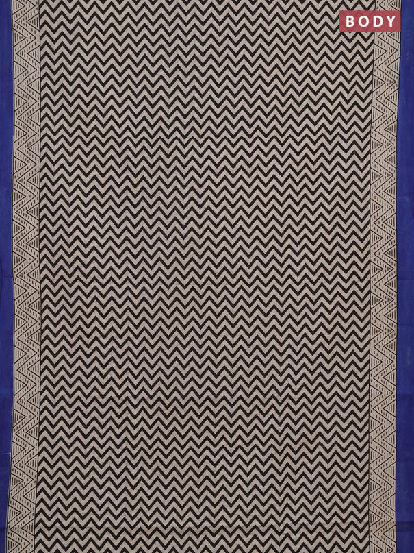 Jaipur cotton saree beige and indigo blue with allover zigzag prints and printed border