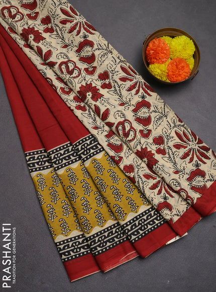 Jaipur cotton saree red and mustard yellow with plain body and long printed border