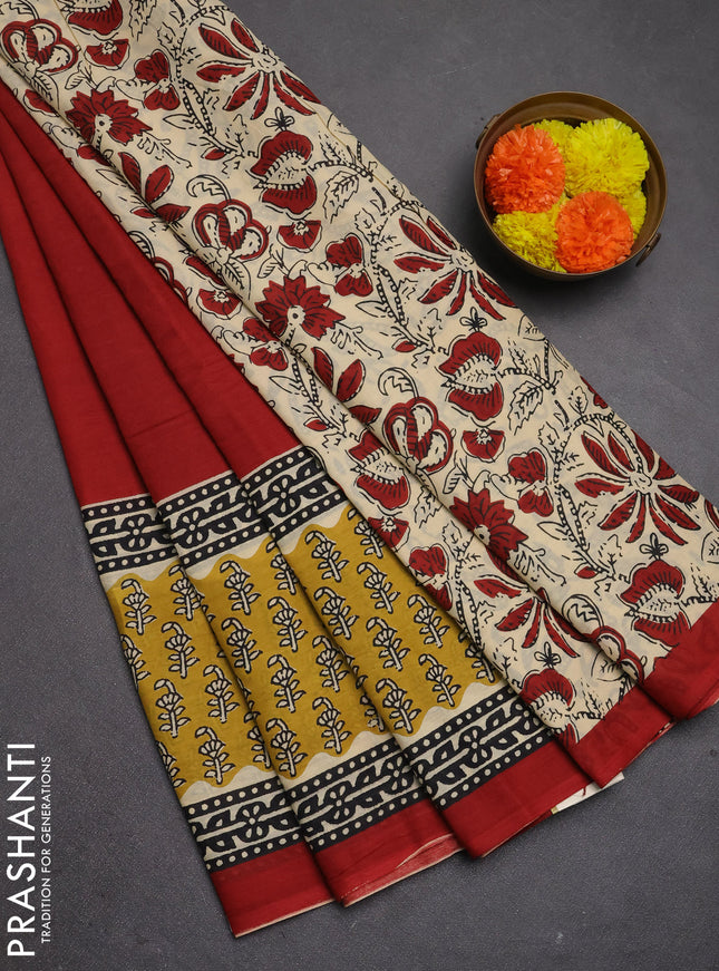Jaipur cotton saree red and mustard yellow with plain body and long printed border