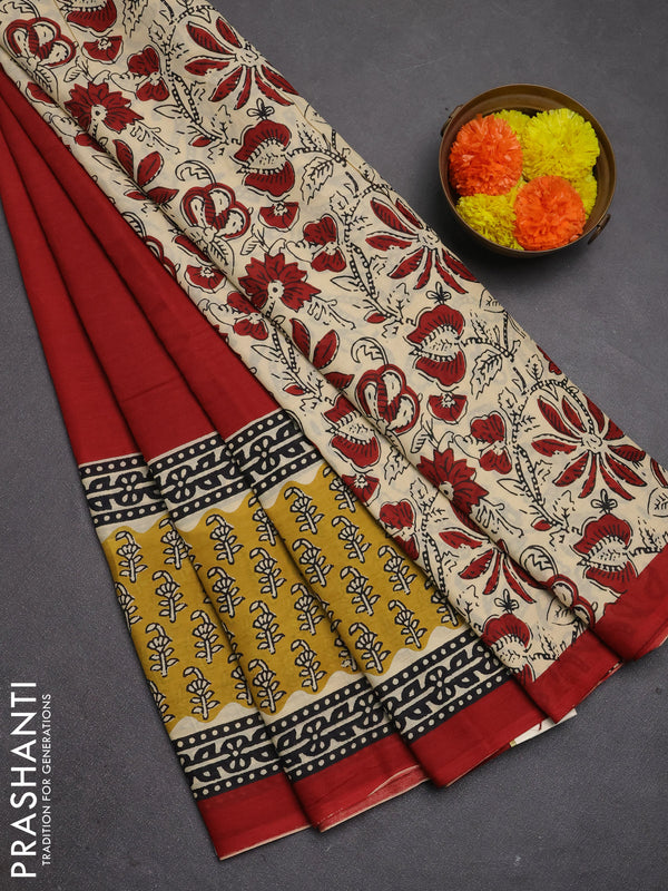 Jaipur cotton saree red and mustard yellow with plain body and long printed border