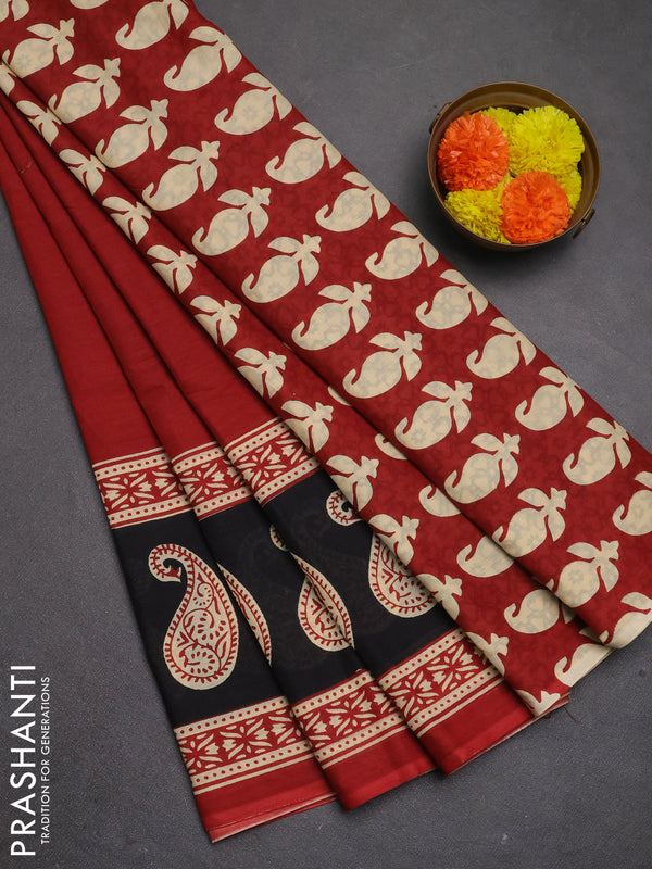 Jaipur cotton saree red with plain body and printed border