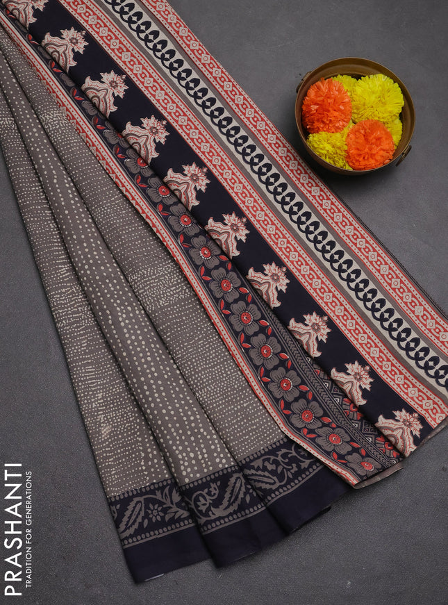 Jaipur cotton saree grey and navy blue with allover butta prints and printed border