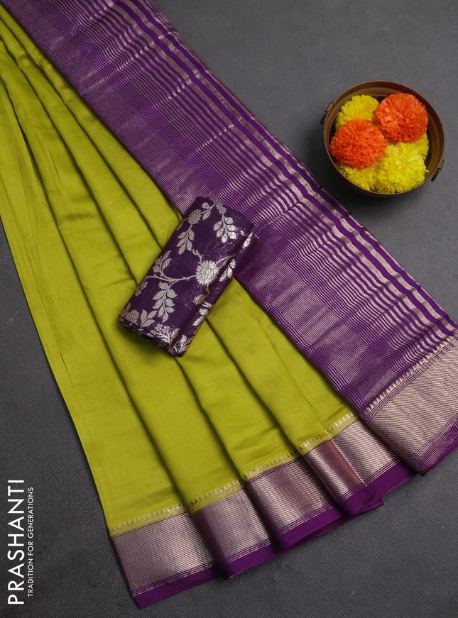 Lime Green & Purple Semi Mangalgiri Cotton Saree - Brocade Blouse