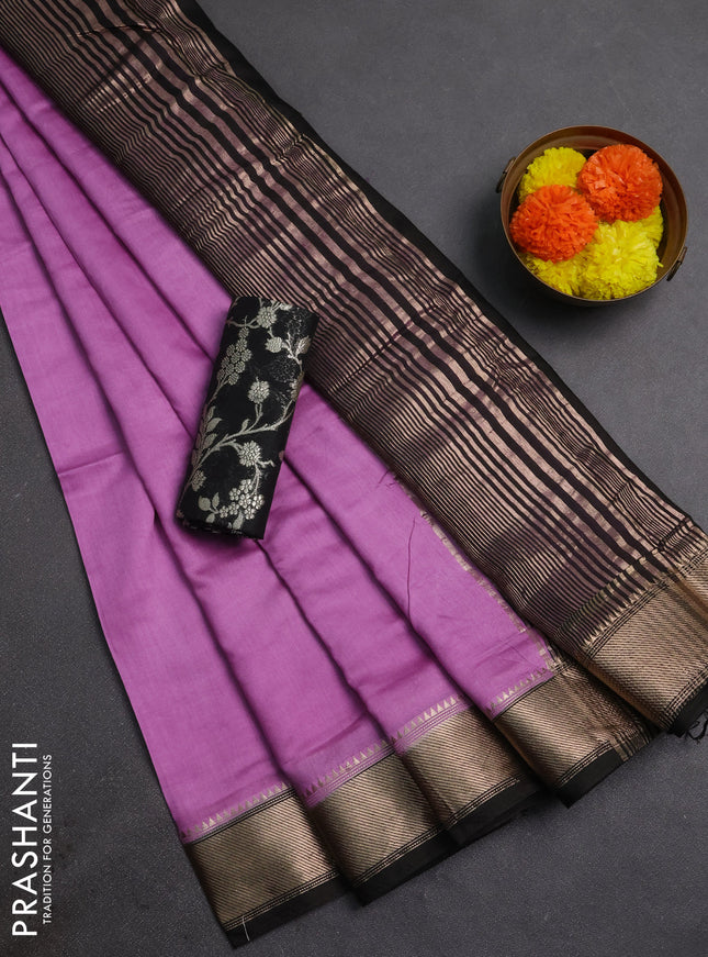 Lavender & Black Semi Mangalgiri Cotton Saree - Brocade Blouse