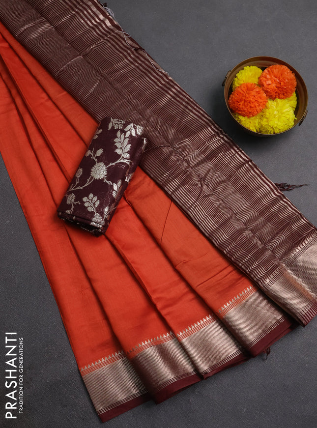 Orange & Maroon Semi Mangalgiri Cotton Saree - Brocade Blouse