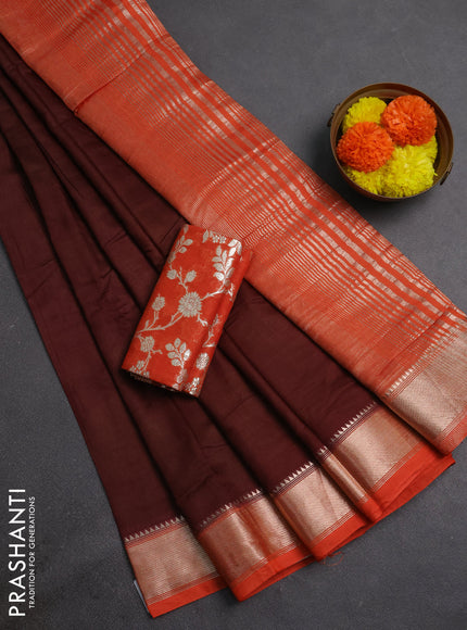 Brown & Orange Semi Mangalgiri Cotton Saree - Brocade Blouse