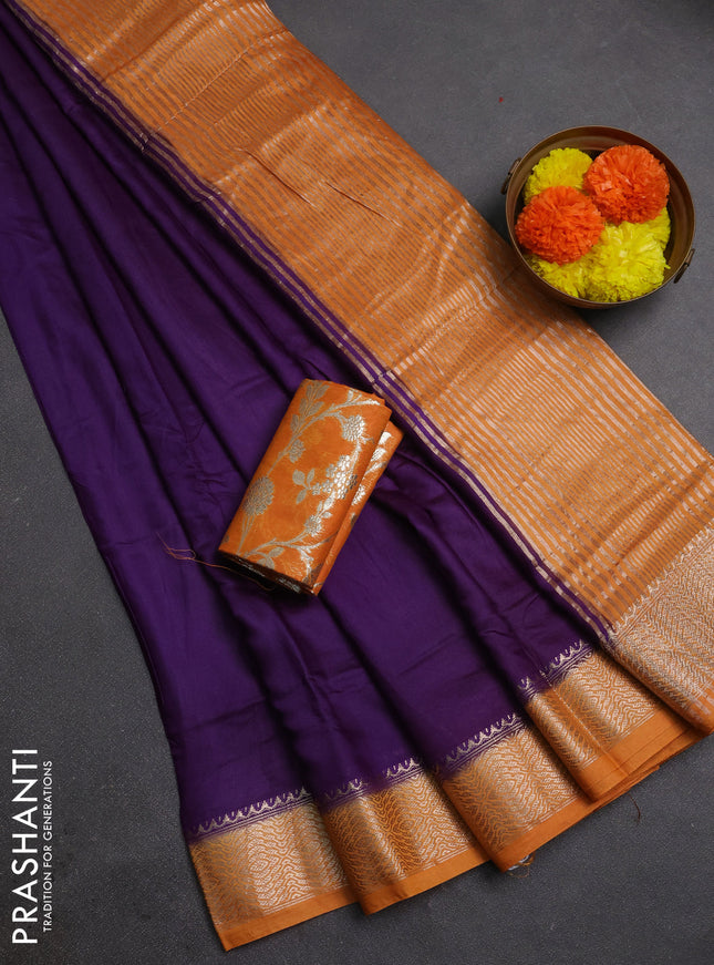 Violet & Mustard Yellow Semi Mangalgiri Cotton Saree - Brocade Blouse