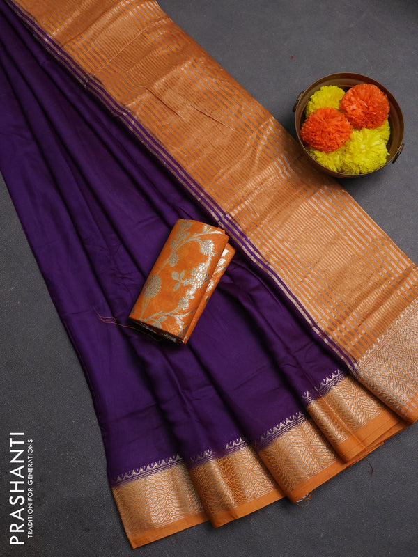 Violet & Mustard Yellow Semi Mangalgiri Cotton Saree - Brocade Blouse