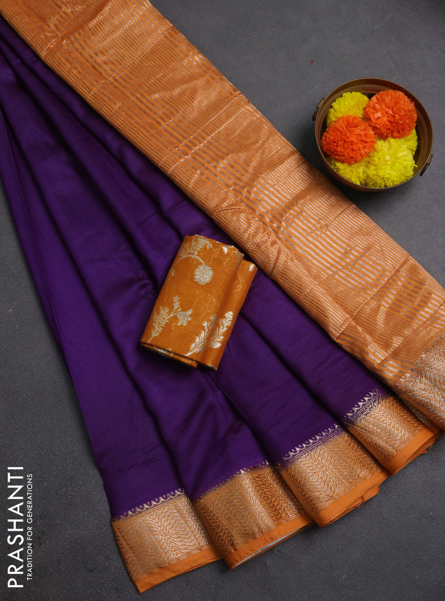 Violet & Mustard Yellow Semi Mangalgiri Cotton Saree - Brocade Blouse