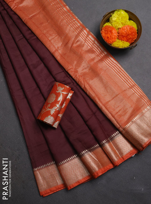Coffee Brown & Rust Semi Mangalgiri Cotton Saree - Brocade Blouse