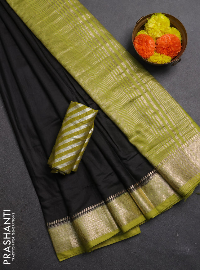 Black & Green Semi Mangalgiri Cotton Saree - Brocade Blouse
