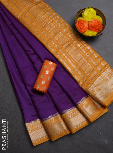 Violet & Mustard Yellow Semi Mangalgiri Cotton Saree - Brocade Blouse