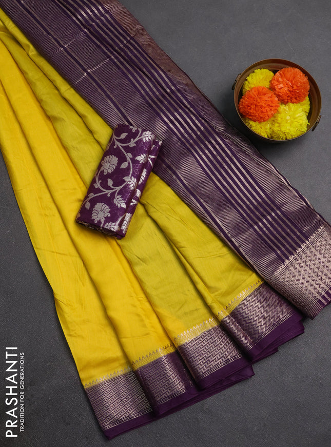 Yellow & Violet Semi Mangalgiri Cotton Saree - Brocade Blouse